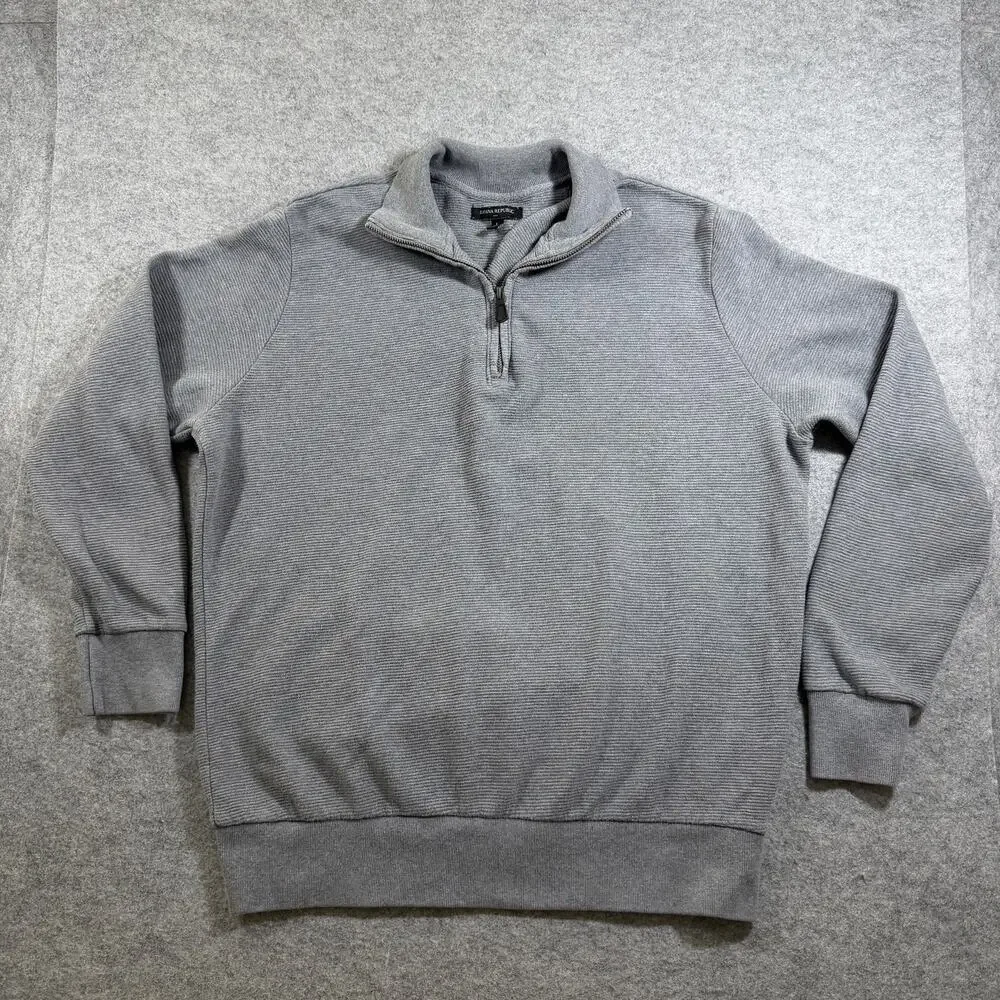 Banana Republic Quarter Zip Sweater Mens LG Gray Ribbed Cotton Relaxed Fit Soft